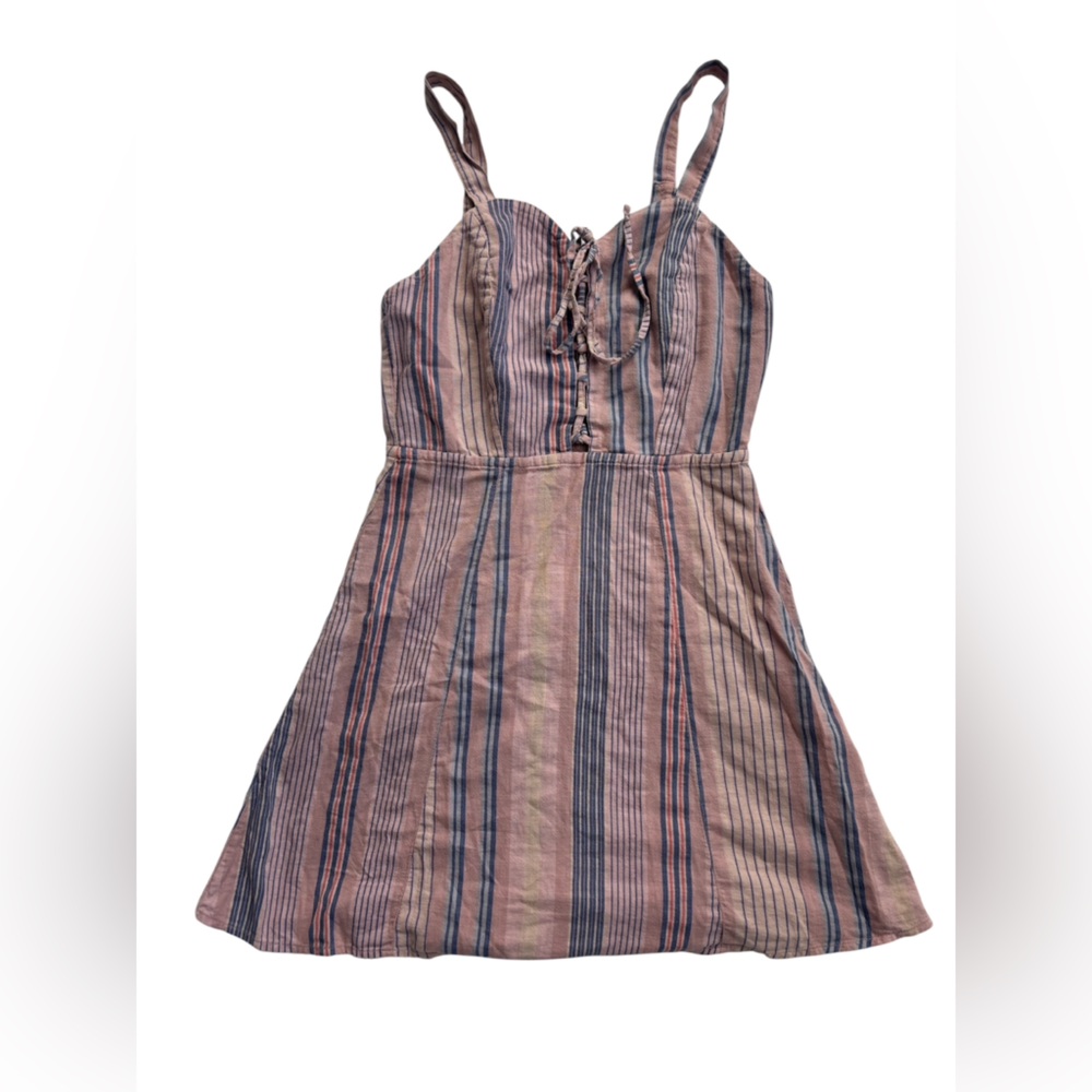 Striped Pink and Blue Mini Dress with Lace-Up Front